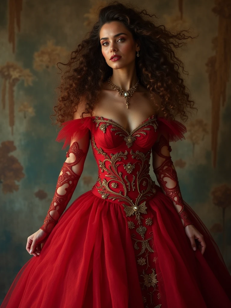 The witch, Gerzo，Fluffy brown curls，Red gold-rimmed exotic dress