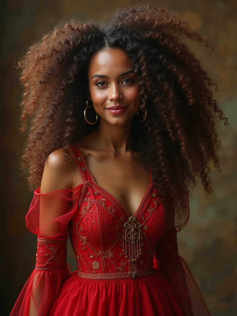 The witch, Gerzo,Fluffy brown curls,Red gold-rimmed exotic dress