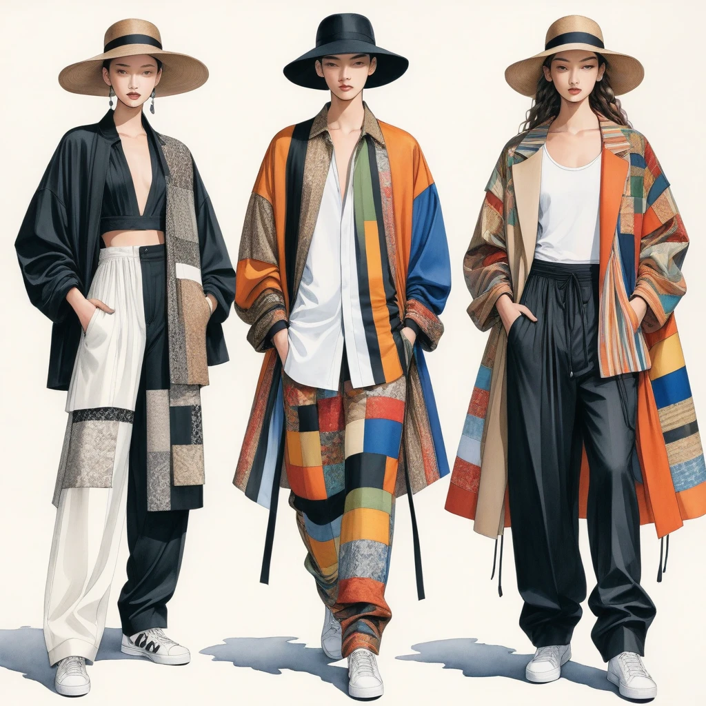 candid fashion illustration a group of young 2man and 1girl models, aged 18-23 year old, tall and slender, Mixed race super model, ((showcase in fashionable cotton outfits inspired by designer Yohji Yamamoto collection)), in elegant and modern style of ((patchwork, collage fabric, ethnic woven fabric, lace)). The 1st man wears an oversized shirt with ethnic and lace details, paired with slim-fit Pants. The second man complements him in a shirt and oversized Jacket, ethnic woven details, paired with big striped Drawstring pants. The woman wears a long dress with collage fabrics details. (all completes the look with white sneakers, an accessorizes with a wide-brimmed straw hat, sunglass, braid hair. Captured in a ((full-body image)), relax and simple pose, ((water-color paint on white paper background)), realistic pencil lines, imperfect drawing, charcoal lines detail, fading sketch, fashion Sketching, low angle view, (full body image), by Yohji Yamamoto hybrid with Dris Van Noten fashion designer.