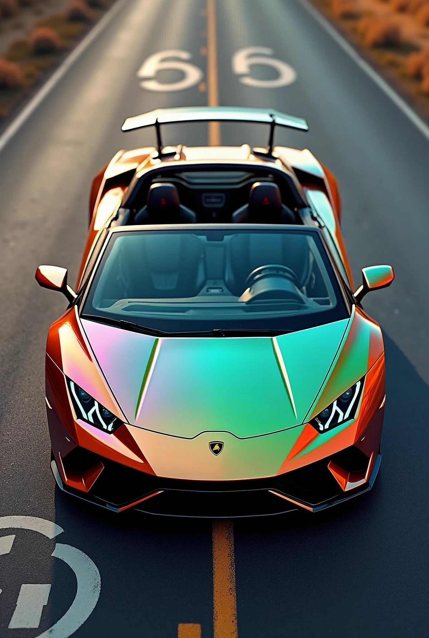 from above, dutch angle, Lamborghini Huracan, cabriolet, metallic iridescent color, Route 66, artistic photography, hyper realistic, graphic CG digital art