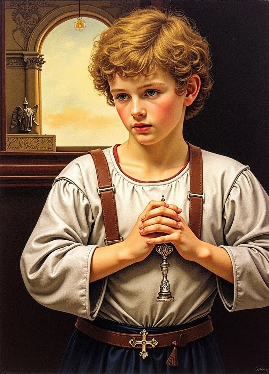 Saint Tarcisius is typically depicted as a youthful and innocent figure, embodying purity and devotion. He is shown as a boy, often around the , with soft, rounded facial features that convey his youth. His complexion is fair, and his expression is one of serenity and quiet determination. He has large, expressive eyes that reflect both innocence and a deep sense of duty. His hair is usually short, curly, and light brown or blond, giving him an angelic appearance.

In many depictions, Saint Tarcisius is dressed in simple, modest clothing, often a tunic or robe that is plain and unadorned, emphasizing his humility. His posture is upright, sometimes shown in the act of protecting the Eucharist, with his hands clasped tightly around it, symbolizing his unwavering faith and courage. Despite his youth, his body language reflects a strong resolve and a deep sense of responsibility.