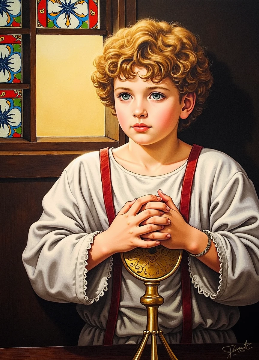 Saint Tarcisius is typically depicted as a youthful and innocent figure, embodying purity and devotion. He is shown as a boy, often around the age of twelve, with soft, rounded facial features that convey his youth. His complexion is fair, and his expression is one of serenity and quiet determination. He has large, expressive eyes that reflect both innocence and a deep sense of duty. His hair is usually short, curly, and light brown or blond, giving him an angelic appearance.
In many depictions, Saint Tarcisius is dressed in simple, modest clothing, often a tunic or robe that is plain and unadorned, emphasizing his humility. His posture is upright, sometimes shown in the act of protecting the Eucharist, with his hands clasped tightly around it, symbolizing his unwavering faith and courage. Despite his youth, his body language reflects a strong resolve and a deep sense of responsibility.