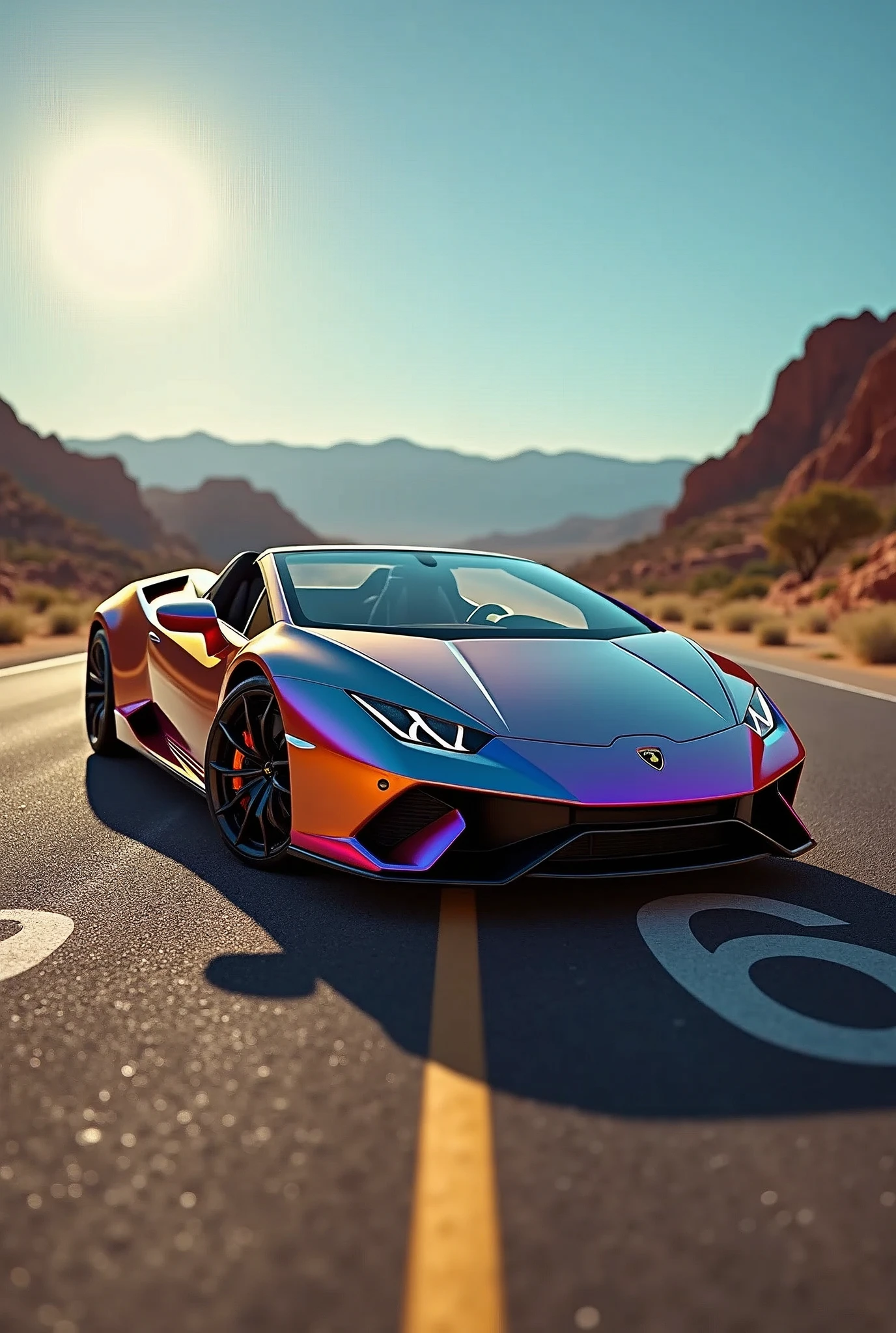 from above, dutch angle, Lamborghini Huracan, cabriolet, metallic iridescent color, Route 66, artistic photography, hyper realistic, graphic CG digital art