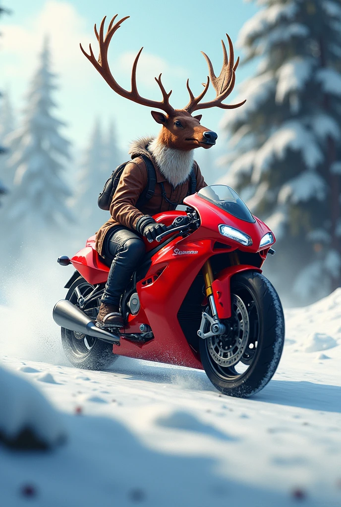 A reindeer with a red sport motorcycle