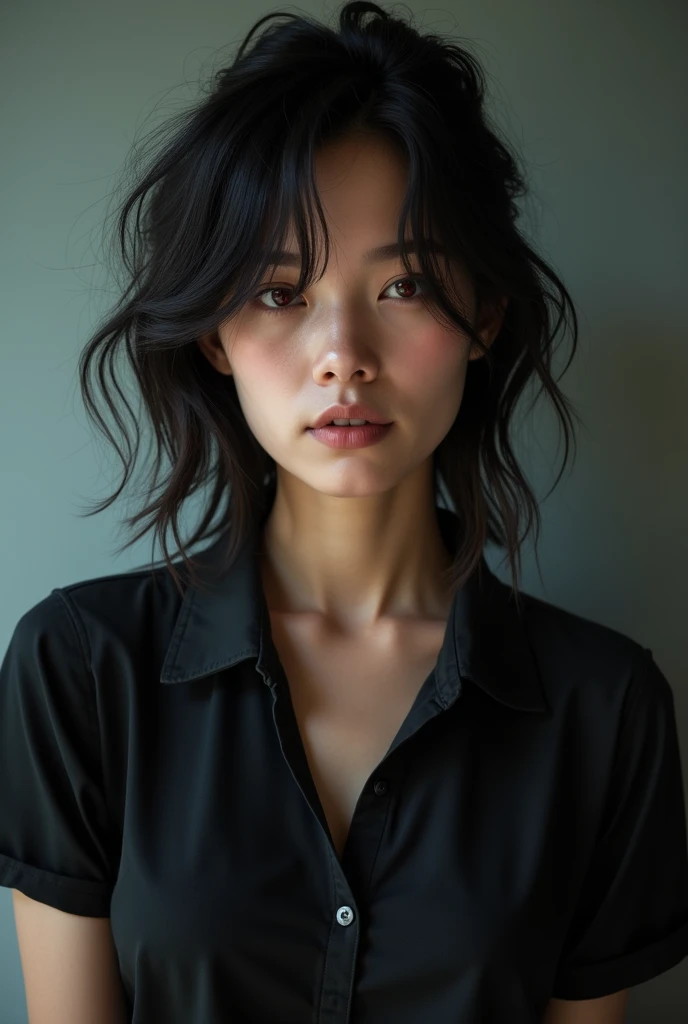 ((masterpiece , best quality ,face focus)), 27yo solo woman , no ties collared shirt , denim jeans , slender , flat chest , (jet-black medium hair , (messy hair:1.37) , Red eyes , dark circles under eyes:1.3) , (jig eyes , expressionless:1.7) , (smile: 0.1)