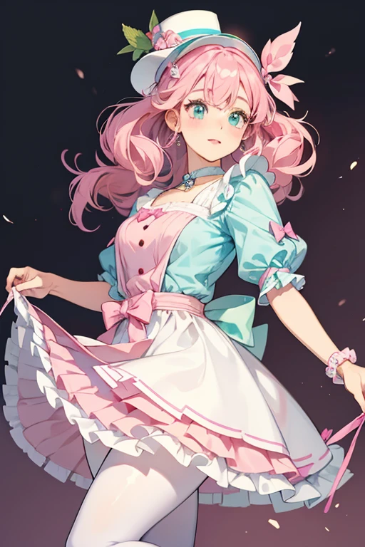 her hair grows longer and becomes tied with a giant magenta bow. The cones on her head become thicker and resemble rice balls more with fuzzy yellow patches near the bottom and her curls grow longer and are held up as well. She now wears a ruffly white headband with small red ribbons and tiny light pink rice balls in the middle and turquoise ribbons on each side. Her dress is pink with white and turquoise ruffles on the sleeves and a pale pink bodice and top skirt with wing-like sleeves and round turquoise triangles surrounding the bottom. The bottom layer of the skirt is pink with light yellow triangles surrounding it with magenta and white ruffles underneath. On her chest is a magenta ribbon with her heart brooch and the belt is pale yellow with white and magenta flowers on each side. Her boots are pale pink with turquoise ruffles on top decorated with small magenta ribbons with rice balls in the middle along with magenta toe tips. She has a giant pink and white checkered bow in the back.