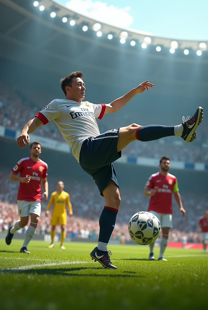 Give me an image of Elon Musk scoring a bicycle kick past Buffon, while Messi and Cristiano are in the background, surprised, in the Madrid stadium, and Ronaldinho is dancing samba in the background.