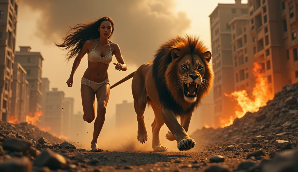 Create a realistic beautiful woman with perfect details running from a furious lion. The environment around her has destroyed buildings on fire.