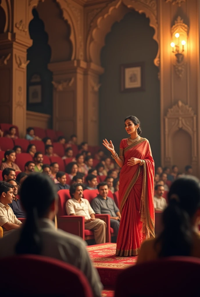 make a photo of 1 female Indian teacher presenting a seminar on stage in auditorium Add a foreground of few people (Indian men and women ) sitting and attending the seminar.