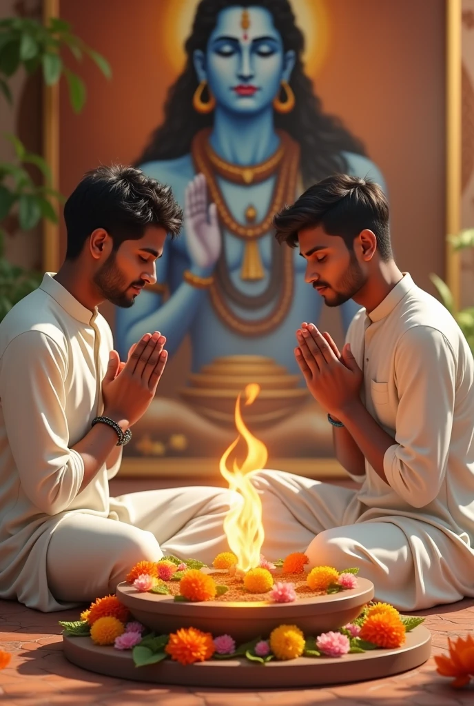 A Indian two young man, both 20 years old, are seated and praying in front of a Shivling adorned with flowers and belpata (green leaves). Behind them, there's a floral board with an image of Lord Shiva. They Both are wearing a white kurta , Both of them have stylish hair and look very cute, enhancing the spiritual or religious ambiance.