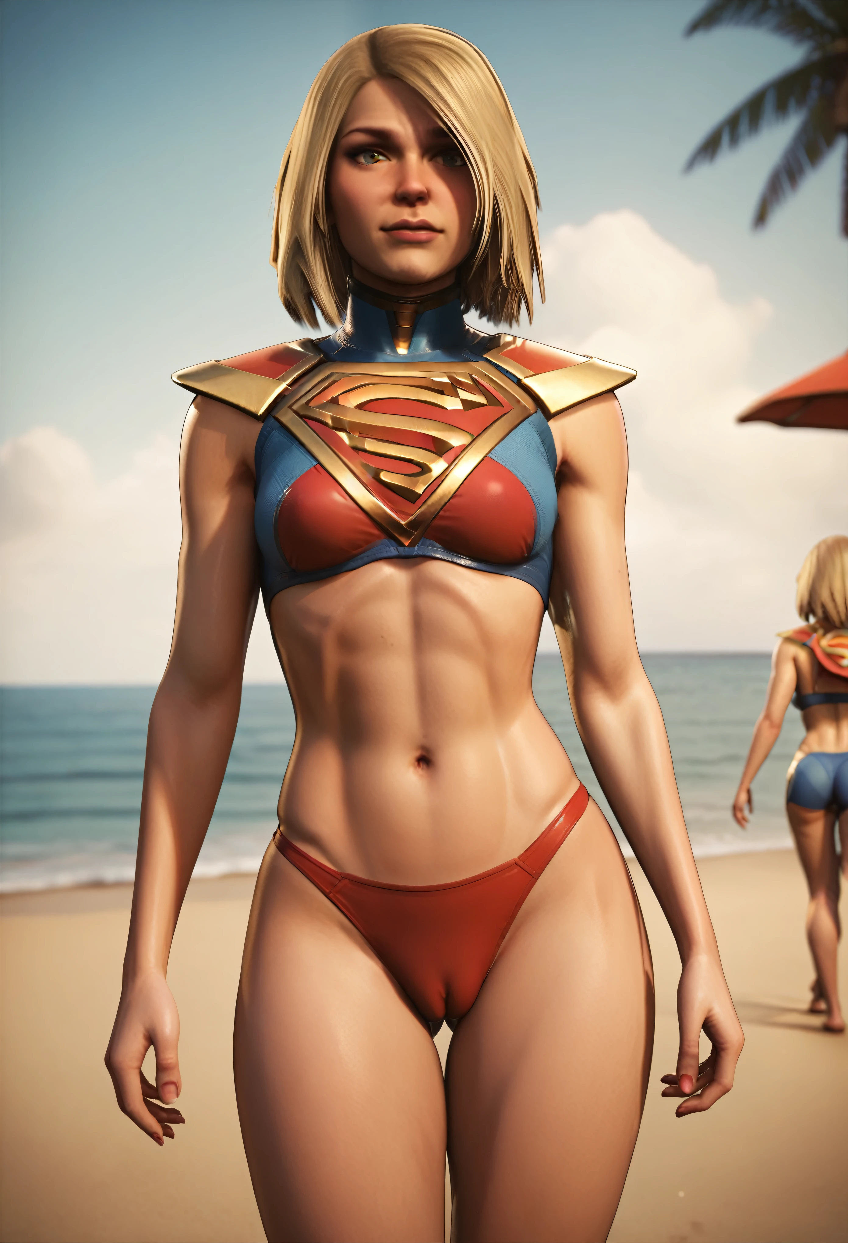 NSFW (red bikini) (Supergirl ((human)) medium breasts, cameltoe) fully body, walking on a deserted beach