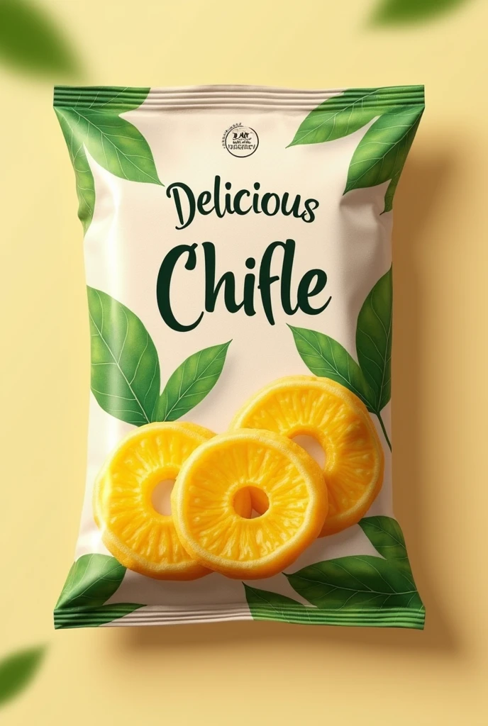 Biodegradable packaging design for chifles, with an eco-friendly style, natural colors and green leaf graphics. The name is Delicious and the chifles are flat yellow slices. Crispy. 