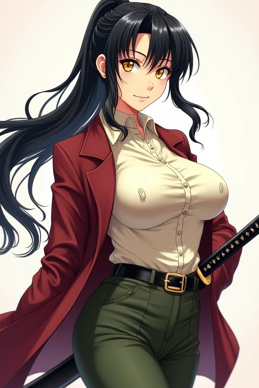 suit anime Japanese female yellow eyes black hair ivory shirt maroon jacket olive green pants. Large breasts, breasts are not visible, Long Hair Center Part Ponytail Smiling She is wearing a Japanese sword on her left hip.