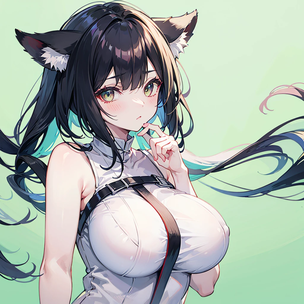 1 Girl, animal_ear_Brushed, animal_ears, Bangs, only_Shoulder, Black_hair, blush, breast, cexist_ears, closure_Mouth, Eyebrow_visible_pass_hair, green_Eye, grey_background, hair_between_Eye, Caril_(Princess_connect!), long_hair, Watching_exist_Viewer, Moderate_breast, Colorful_hair, shirt, simple_background, sleeveless, sleeveless_shirt, Solitary, superior_Body, White_background, White_shirt, 