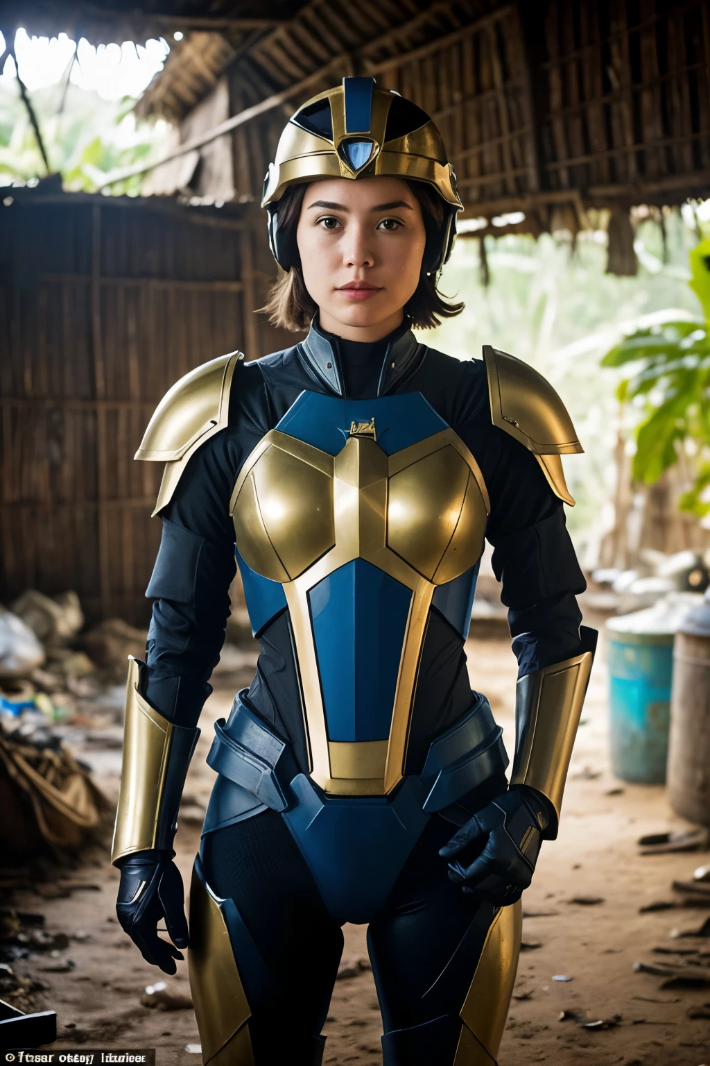 ((Captain Power and the Soldiers of the Future theme)).
((head to thighs front body view)).
((very accurate)):
"two most beautiful Indonesian girls similiar to Ghea Youbi face with glazed-eyed short bob-cut brown-haired hairstyles of proportional bodies wear super imaginative golden-black open-face sci-fi armor-helmet robot like with fully golden-black sci-fi armor: striking-pose together in tropical slum hut".
big proportional protruding eyes.
narrow sharp noses.
thin lips.
serious facial expressions.
head and body facing forward.
tropical slum hut interior.
wet dirt.
pile of trash.
