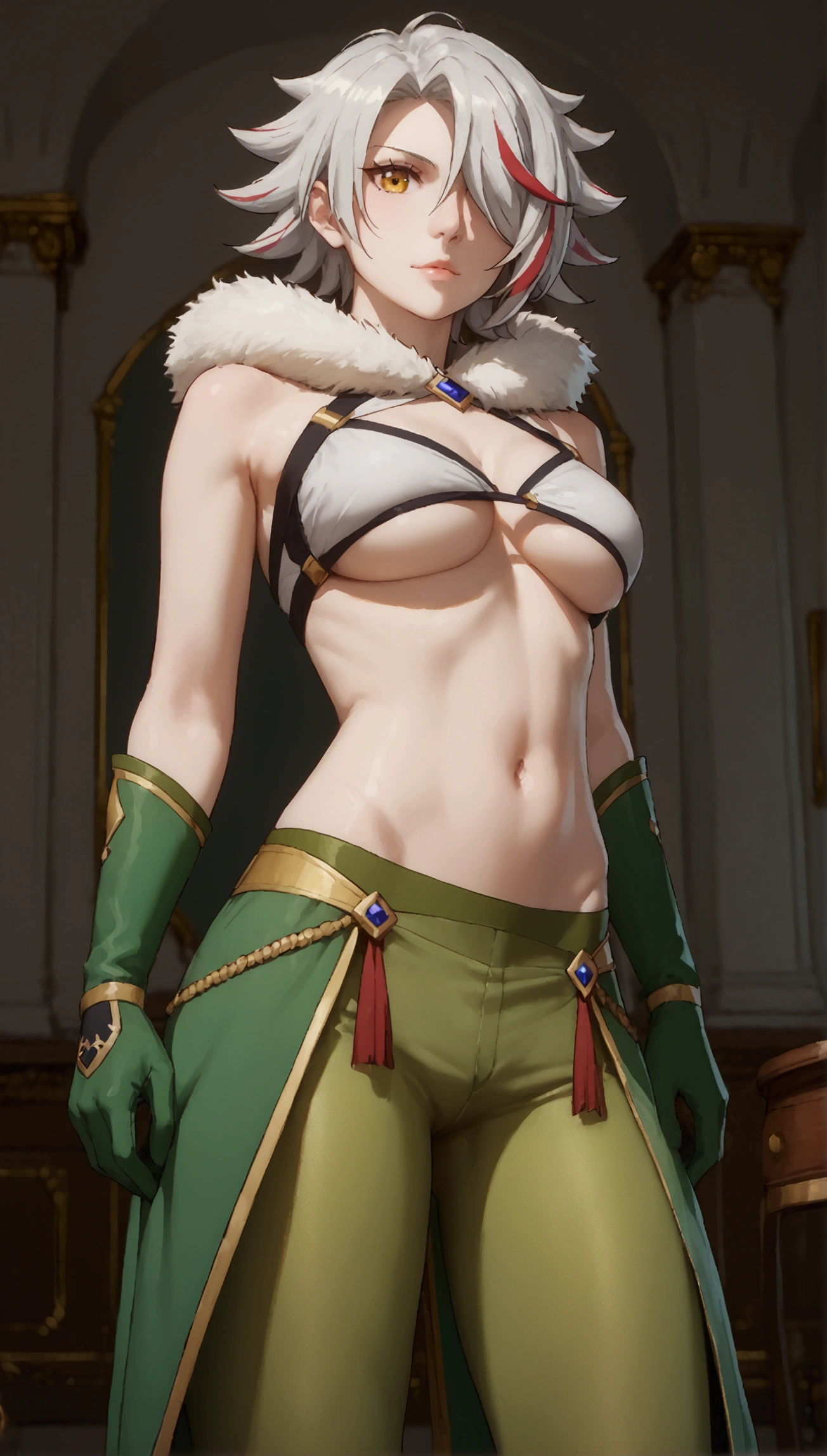 score_9, score_8_up, score_7_up, score_6_up, uncensored, SOFIABULGA, HAIR OVER ONE EYE, 1girl, breasts, solo, navel, green_legwear, green_gloves, rating:questionable, underboob, gloves, pants, looking_at_viewer, indoors, green_pants, pantyhose, pants_pull, grey_background
