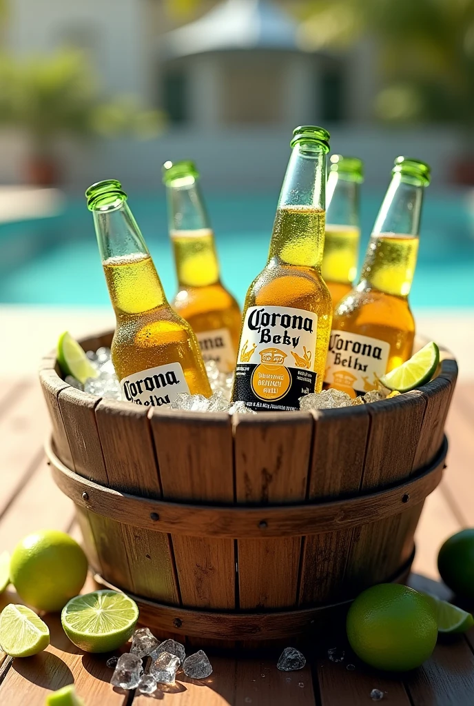 Bucket with 6 Corona beers with limes and ice