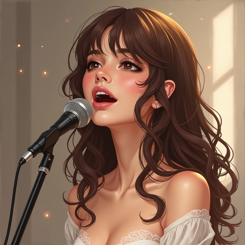 woman、An illustration、Singing a song、Muse、Beautiful brown hair、Brown eyes、Fantasy