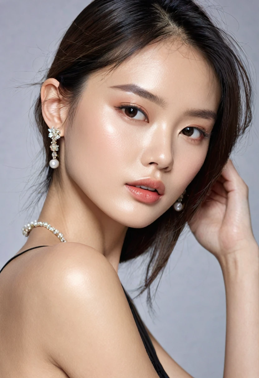 Fashionable shooting, ear close-up, close-up of European and Asia female models, with super details, shoulder flat corners, delicate skin texture,