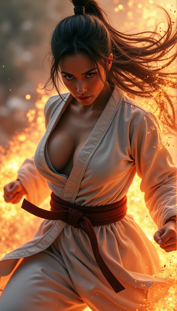 Realistic busty woman,Karateka,hokuto no ken,ultimate form,8k,Performance,battle aura
