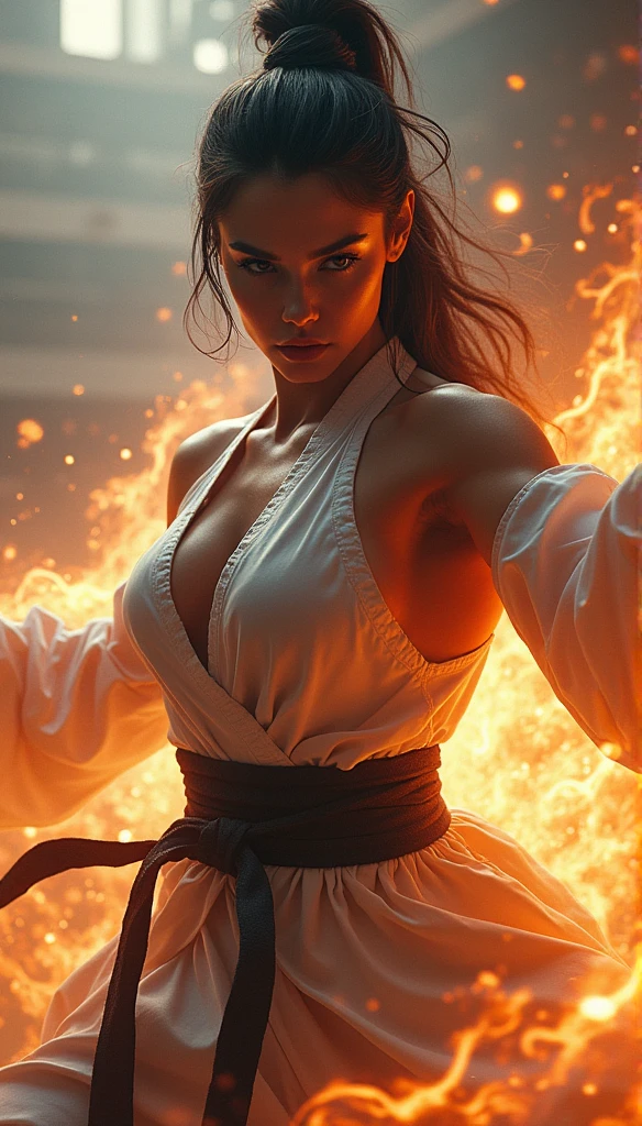 Realistic busty woman,Karateka,hokuto no ken,ultimate form,8k,Performance,battle aura