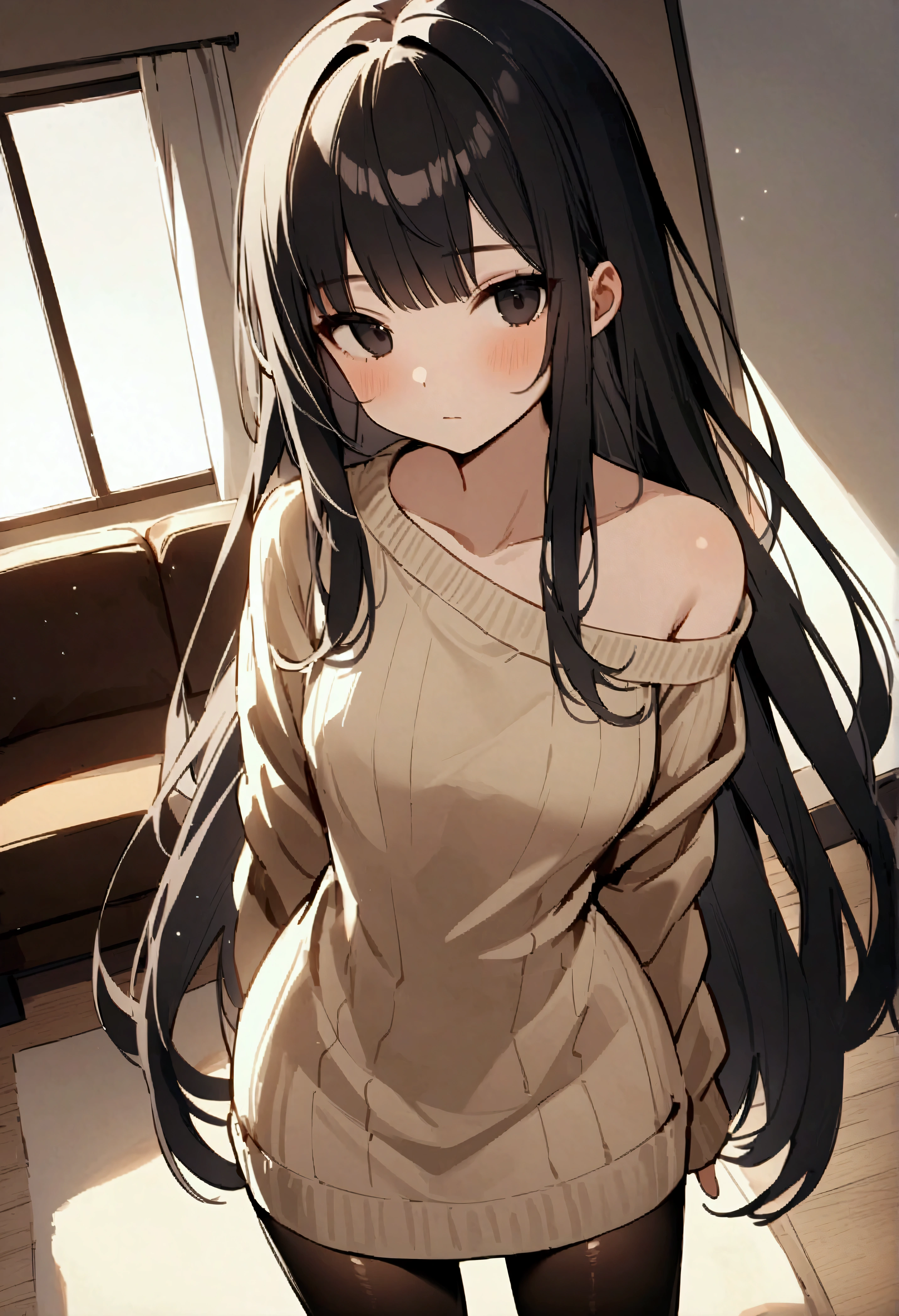 One person、Shiny skin、Shoko Omi、Emotionless、Backlight、black eye、No pupil、Black Hair、Mouth closed、Very long hair、Staring at the audience、Black Pantyhose、solo、casual、Sweater dress、One shoulder exposed、ニットSweater dress、indoor、living room、Dutch Angle、High angle、Close-up、
