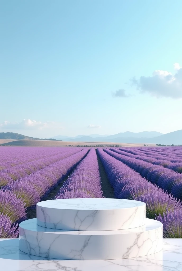 a marble short podium have half view of lavender field & half view of blue sky. the picture is 16:9 ratio