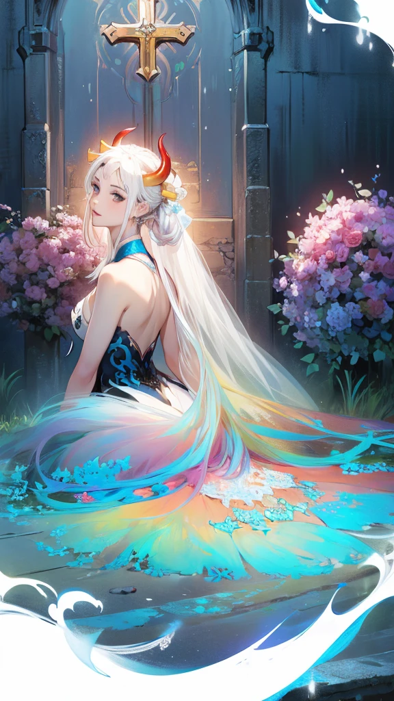 Official Art, Unity,8k wallpaper, Correct Anatomy，Very detailedな, Beautiful yet fleeting、((Two horns growing from the head))Japan、beautiful, masterpiece,((One Woman)) Highest quality,White flower, ((Large Breasts))Flower Ecstasy, Very detailed, Light blue hair、((Randomly々Angle))Dynamic Angle, ((Yamato), ((beautifulウェディングドレス))The most beautiful form of chaos, ((Slim body)).elegant, Vibrant colors,((wedding)) Romanticism, James Jean, Robbie Dawi Anton, Ross Tran, Francis Bacon, It was very cold, Petra Cortright, Gerhard Richter, takato yamamoto, Ashley Wood, Atmospheric,((smile),((Church yard))