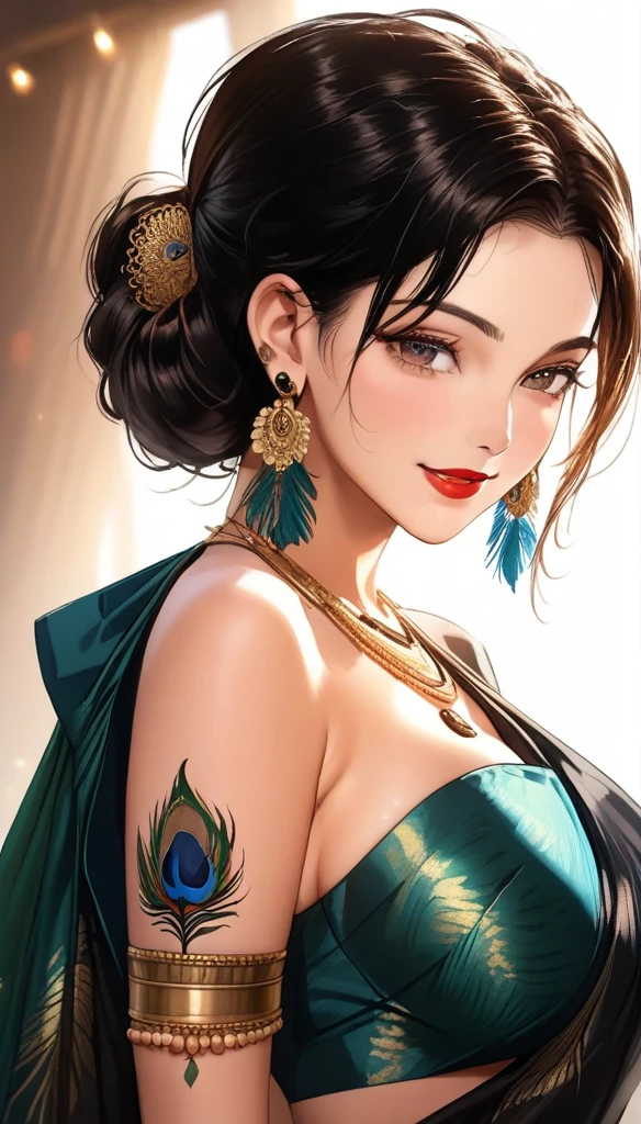A beautiful mature woman bending down, intricate peacock feather earrings, detailed alluring eyes, smooth lips, smiling, red lipstick, exposed navel, bangles, saggy breasts, photorealistic, 8k, high quality, masterpiece, cinematic lighting, vibrant colors, intricate details, short messy hair, tattoo on neck, plain silk black traditional saree