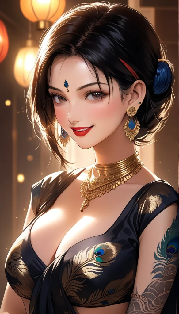 A beautiful mature woman bending down, intricate peacock feather earrings, detailed alluring eyes, smooth lips, smiling, red lipstick, exposed navel, bangles, saggy breasts, photorealistic, 8k, high quality, masterpiece, cinematic lighting, vibrant colors, intricate details, short messy hair, tattoo on neck, plain silk black traditional saree