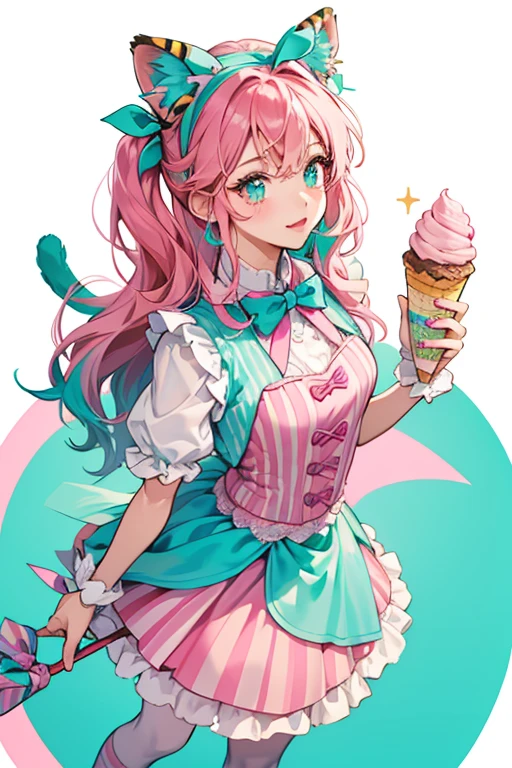 Peppa-Mint has pink lipstick and blushed cheeks ,and she wears teal eye-shadow. Her long, thick teal hair has streaks of pink throughout it and her bangs are swept to the right with four streaks of dark teal and pink reminiscent of tiger stripes. She wears a teal tiger-ear headband with a hot pink bow that has a pink cat-ear ice cream cone, and a furry tiger tail. Her outfit consists of a pale mint top and brown cone vest held by a hot pink bow that has a teal ice cream cone on it, teal gloves, and a pink skirt covered in pale pink and brown ice creams and hot pink drips with teal stripes on them and a trim of pale blue lace. Her pale pink stockings drip down from the top, and she wears brown cone shoes with a hot pink ribbon and teal ice cream scoop on it. SPARKLE; GLITTER