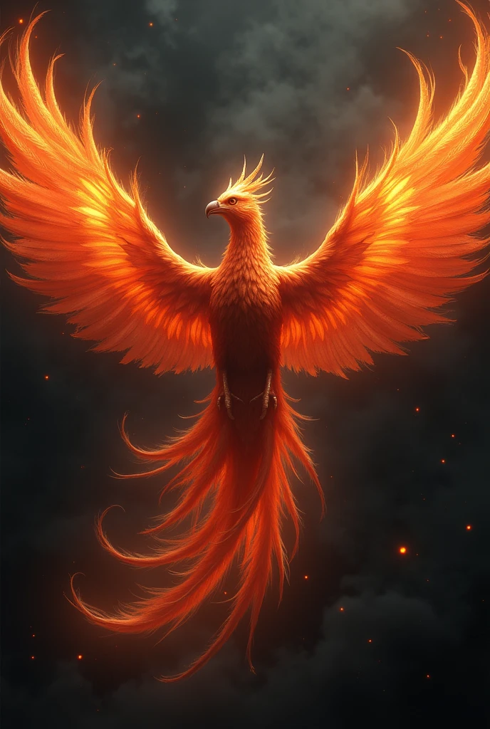 Imagine a phoenix flying against a black background with fire at the edges.