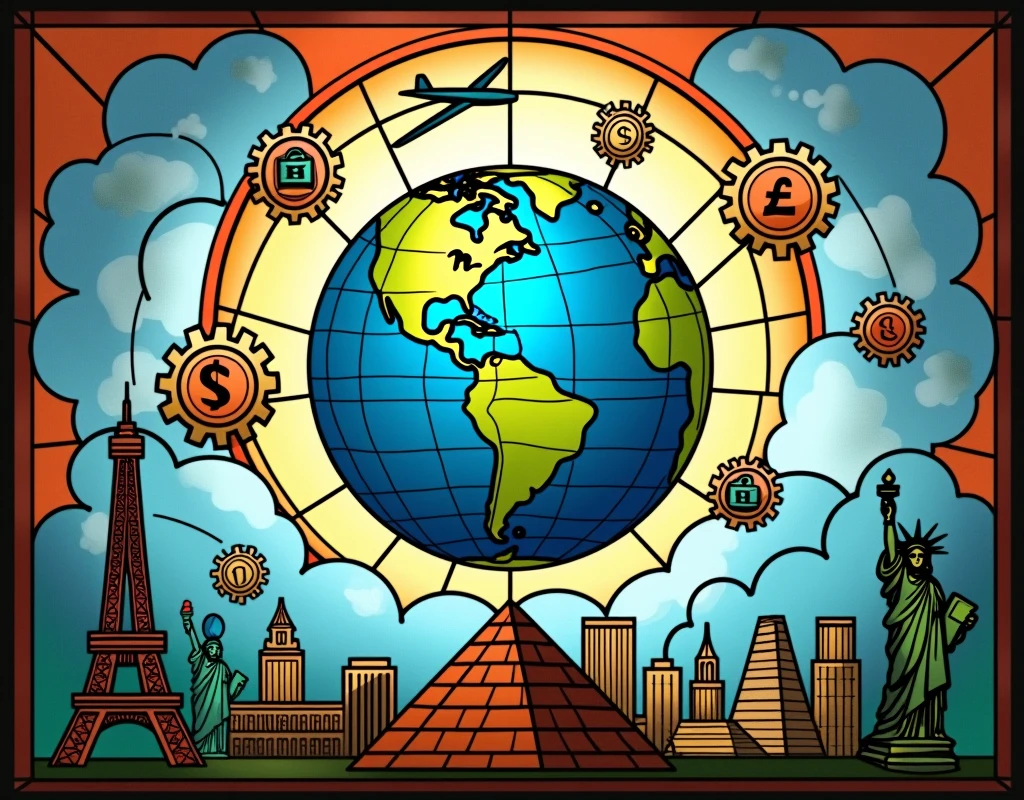 Stained glass concept. A small globe in the center , connect countries with white lines. Surround globe by floating separate objects:1 plane , 3 connected gears , 2 suitcase , money (dollar,peso,euro,yen) , wifi symbol, socialmedia icons. At the bottome are the eiffel tower , statue of liberty , pyramid , and buildings and structures. 