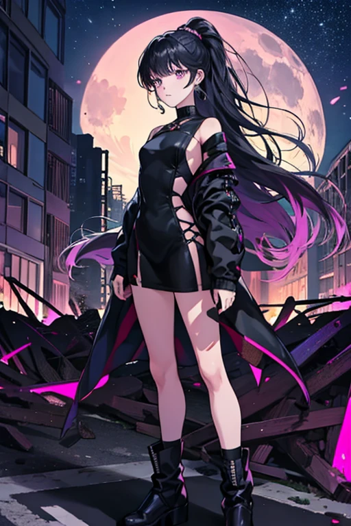 Anime Art、Hong Kong City Streets and Roads、Full body portrait、Modern street killer、Moonlit Ruins、Slim woman, height155cm, Around 15 years old, Wearing a black mini dress, Bare hands、Black over-the-knee socks、Ponytail Hairstyles、The eyes are covered by the bangs、Black Hair, a vague look、Purple eyes、gloves、boots、She has silver earrings.,Gaze, Small breasts,ゴシックータ,ガンアクション,
