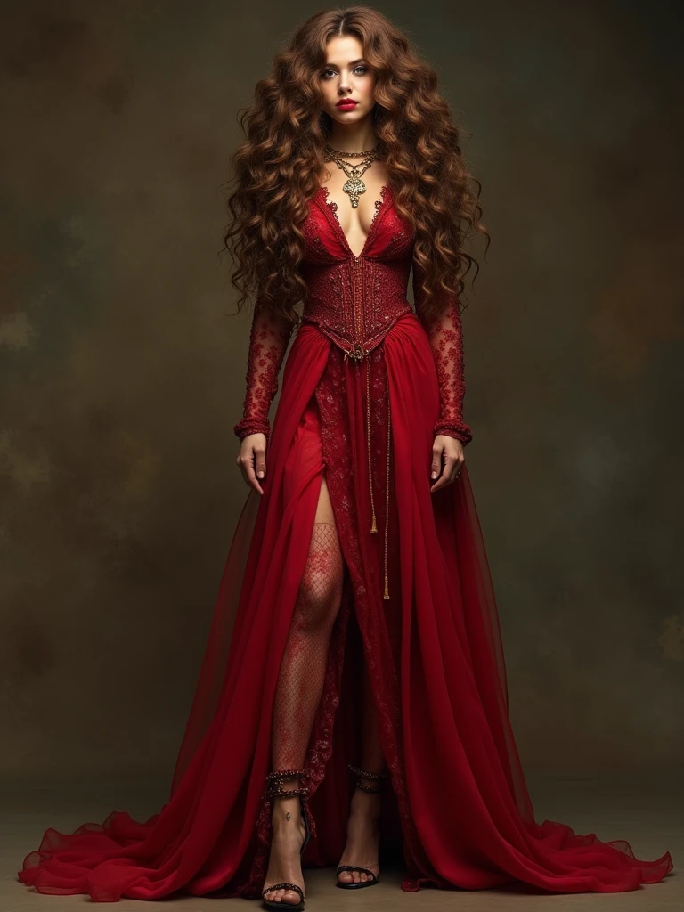 The witch, Gerzo,Fluffy long brown curls,Red gold-rimmed exotic dress