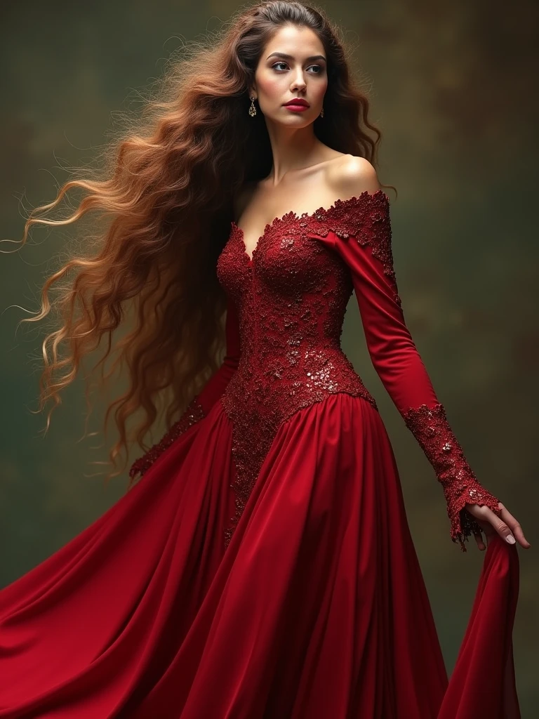 The witch, Gerzo,Fluffy long brown curls,Red gold-rimmed exotic dress