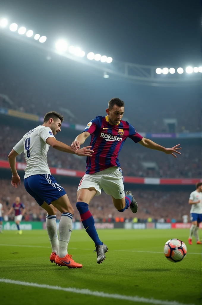 An image of Elon Musk scoring a bicycle kick past Buffon, with Messi and Cristiano in the background, surprised, in the Madrid stadium, and Ronaldinho dancing samba in the background.
