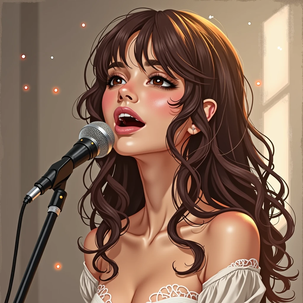 woman、An illustration、Singing a song、Muse、Beautiful brown hair、Brown eyes、Fantasy