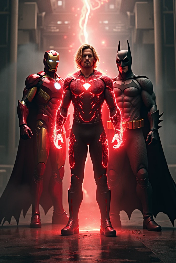 Make Ironman and Batman, and a blonde man with medium-length hair, wearing black pants and black boots, with demonic symbols on his body in red, who controls energy. 