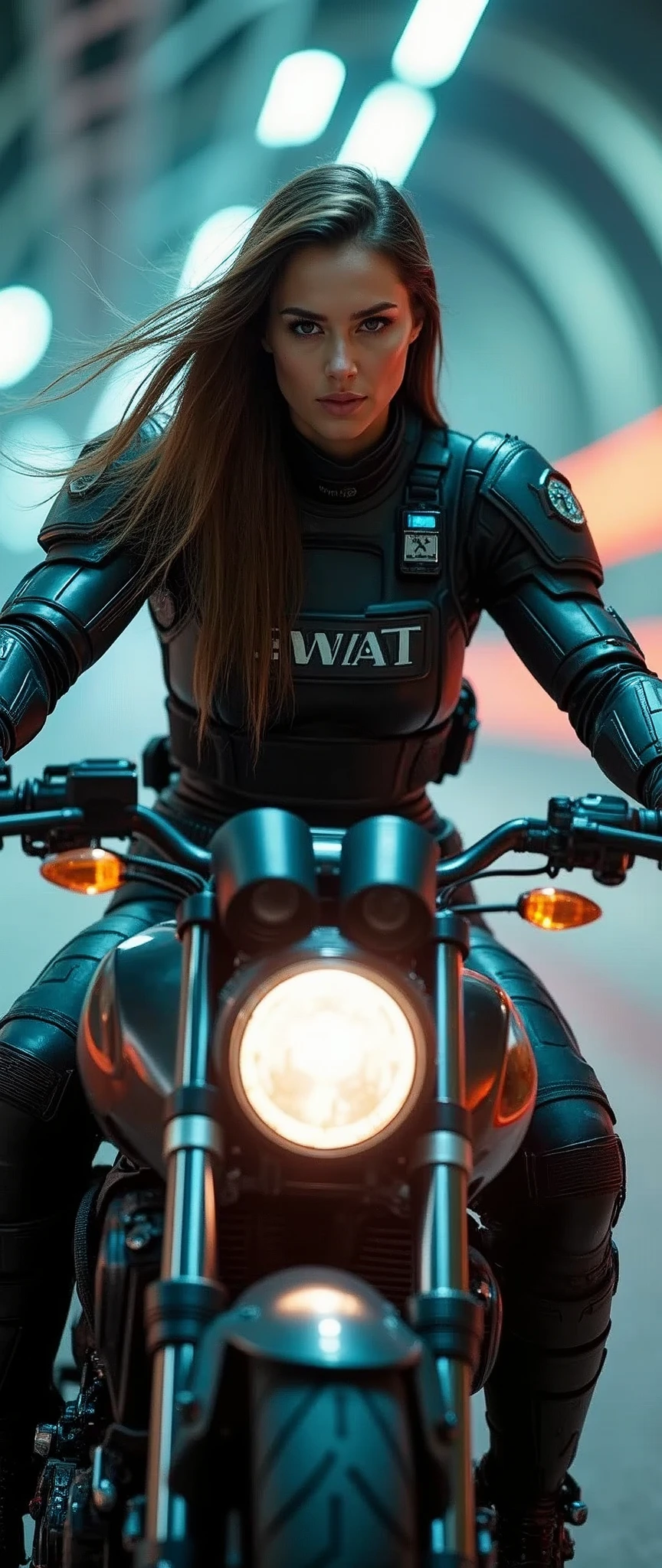 (masterpiece:1.2,Highest quality,Ultra-high resolution,Very detailed,Realistic,RAW Photos:1.2,Elaborate photos),8k,wallpaper,(Ray Tracing),(Future City:2.0),The world of science fiction movies,(cyber punk:2.0),(A beautiful woman driving a futuristic, heavy armored SWAT mecha motorcycle.:2.0),(Beautiful Face,Beautiful Eyes,Detailed face drawing,Detailed texture of the skin:1.3,Hair blowing in the wind),(Serious:2.0,sexy:2.0),(A woman wearing a SWAT team's tactical mech bodysuit:2.0),(A dynamic angle from the front),night,(Rainbow-colored guiding lights:2.0),(The aircraft hurtled through the tunnel's curve at breakneck speed.:2.0),(Tunnel of Light:2.0),(Motion Blur),(Depicting the lean of a motorcycle going around a curve:2.0)