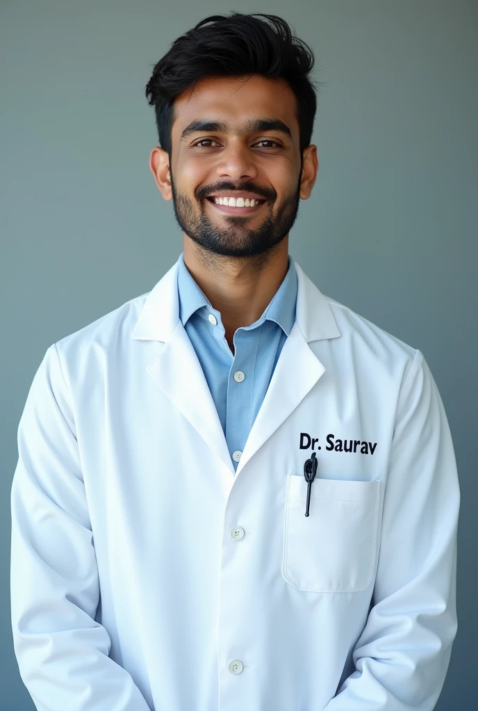 Men in Doctor's uniform is very young.he is from india.Dr saurav name written on uniform.