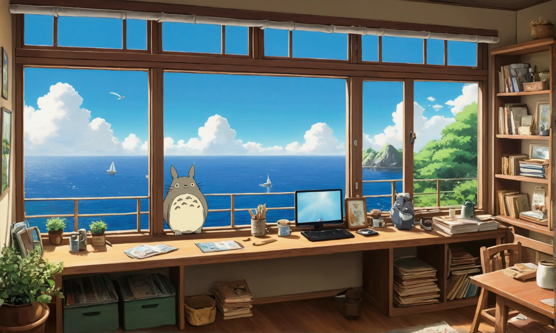 in the cozy work room, sea view, beautiful sky 、anime Ghibli style、My Neighbor Totoro Scenery