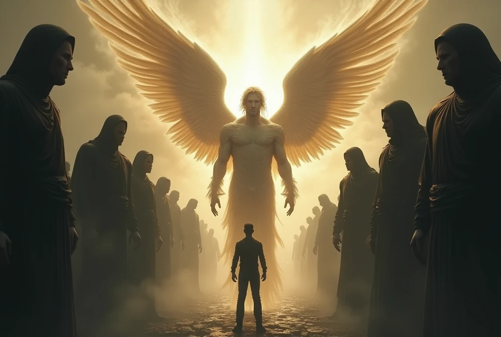 one angel.protecting a man from black figures