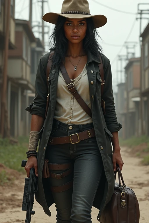 The Walking Dead Series, Female, 31, African American And Native American, Athletic Hourglass Body Type, Brown Honey Eyes, Light Freckles, Black Short Hair, Black Coat And Black Jeans, White Shirt Under Coat, Holstered Gun, Bandages On Her Arms, Combat Boots, Light Brown Hat, Dark Brown Satchel