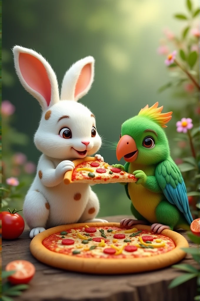 White rabbit with brown spots and green parrot eating pizza