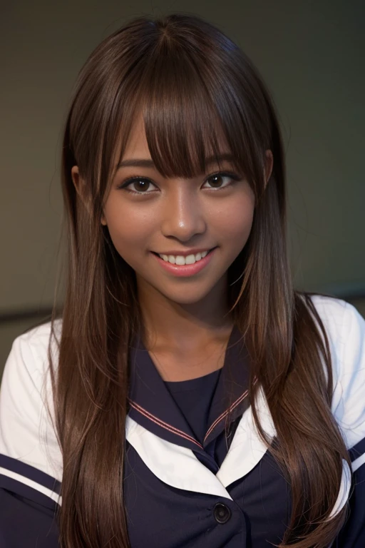 1girl, cute, , smiling, look at viewer, sailor uniform, seifuku, photo, realistic, best quality, hires, detailed face, classroom, detailed background, diffused lighting, depth of field, bokeh, (( dark skin:1.8 ))