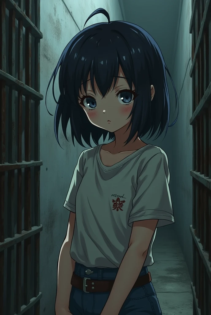 An anime girl trapped in a prison, her clothes are somewhat torn and she is slightly injured.