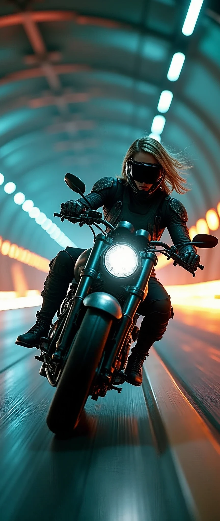 (masterpiece:1.2,Highest quality,Ultra-high resolution,Very detailed,Realistic,RAW Photos:1.2,Elaborate photos),8k,wallpaper,(Ray Tracing),(Future City:2.0),The world of science fiction movies,(cyber punk:2.0),(A beautiful woman driving a futuristic, heavy armored SWAT mecha motorcycle.:2.0),(Beautiful Face,Beautiful Eyes,Detailed face drawing,Detailed texture of the skin:1.3,Hair blowing in the wind),(Serious:2.0,sexy:2.0),(A woman wearing a SWAT team's tactical mech bodysuit:2.0),(A dynamic angle from the front),night,(Rainbow-colored guiding lights:2.0),(The aircraft hurtled through the tunnel's curve at breakneck speed.:2.0),(Tunnel of Light:2.0),(Motion Blur),(Depicting the lean of a motorcycle going around a curve:2.0)