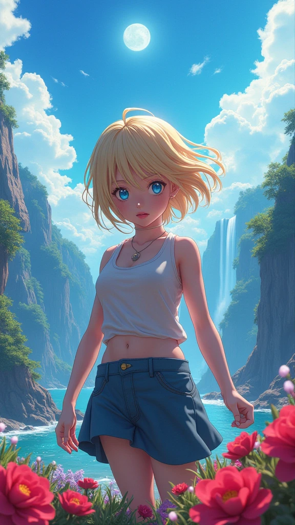 A highly detailed, award-winning, 8K CG wallpaper of Tatsumaki from One Punch Man, set in an outdoor natural landscape with a beautiful blue sky, clouds, sun, waterfall, cliffs, lake, river, flowers, complex and intricate details, dramatic, artistic, photorealistic, with a shallow depth of field and color aberration effects, a trending piece on ArtStation and CGSociety.One person, chest, chest, Shortcuts, Blonde, blue eyes, 