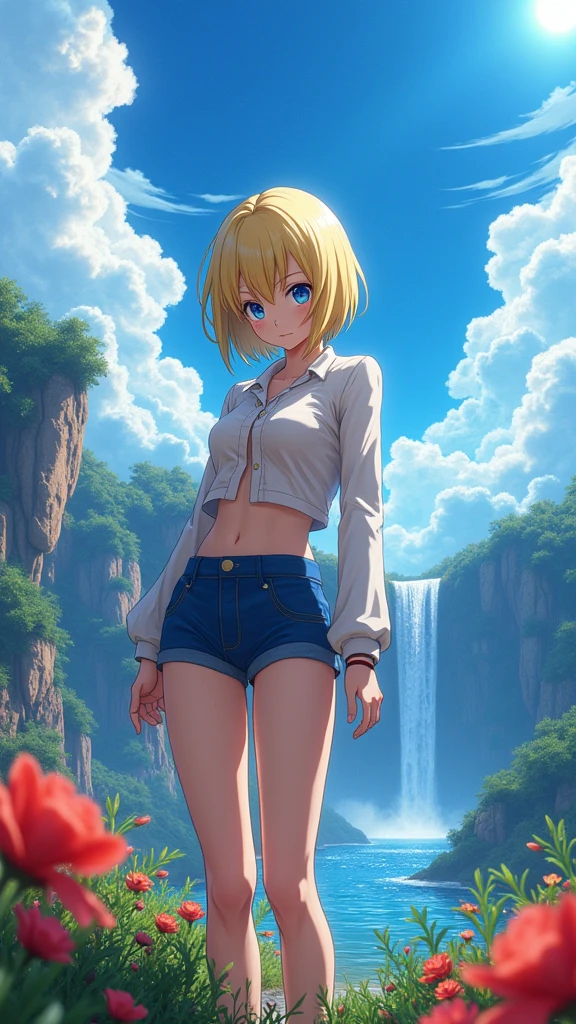 A highly detailed, award-winning, 8K CG wallpaper of Tatsumaki from One Punch Man, set in an outdoor natural landscape with a beautiful blue sky, clouds, sun, waterfall, cliffs, lake, river, flowers, complex and intricate details, dramatic, artistic, photorealistic, with a shallow depth of field and color aberration effects, a trending piece on ArtStation and CGSociety.One person, chest, chest, Shortcuts, Blonde, blue eyes,